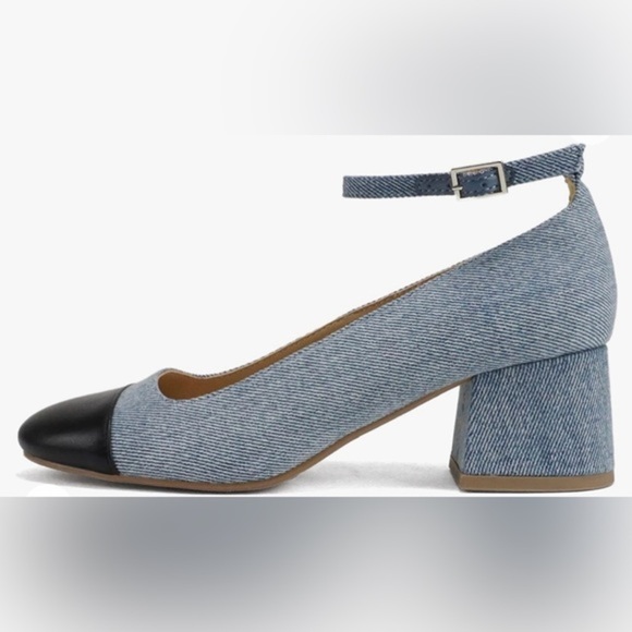 Denim & black Roxana Cap Toe Ankle Strap Low Block‎ Heel Pumps size 10 brand new - Picture 2 of 5